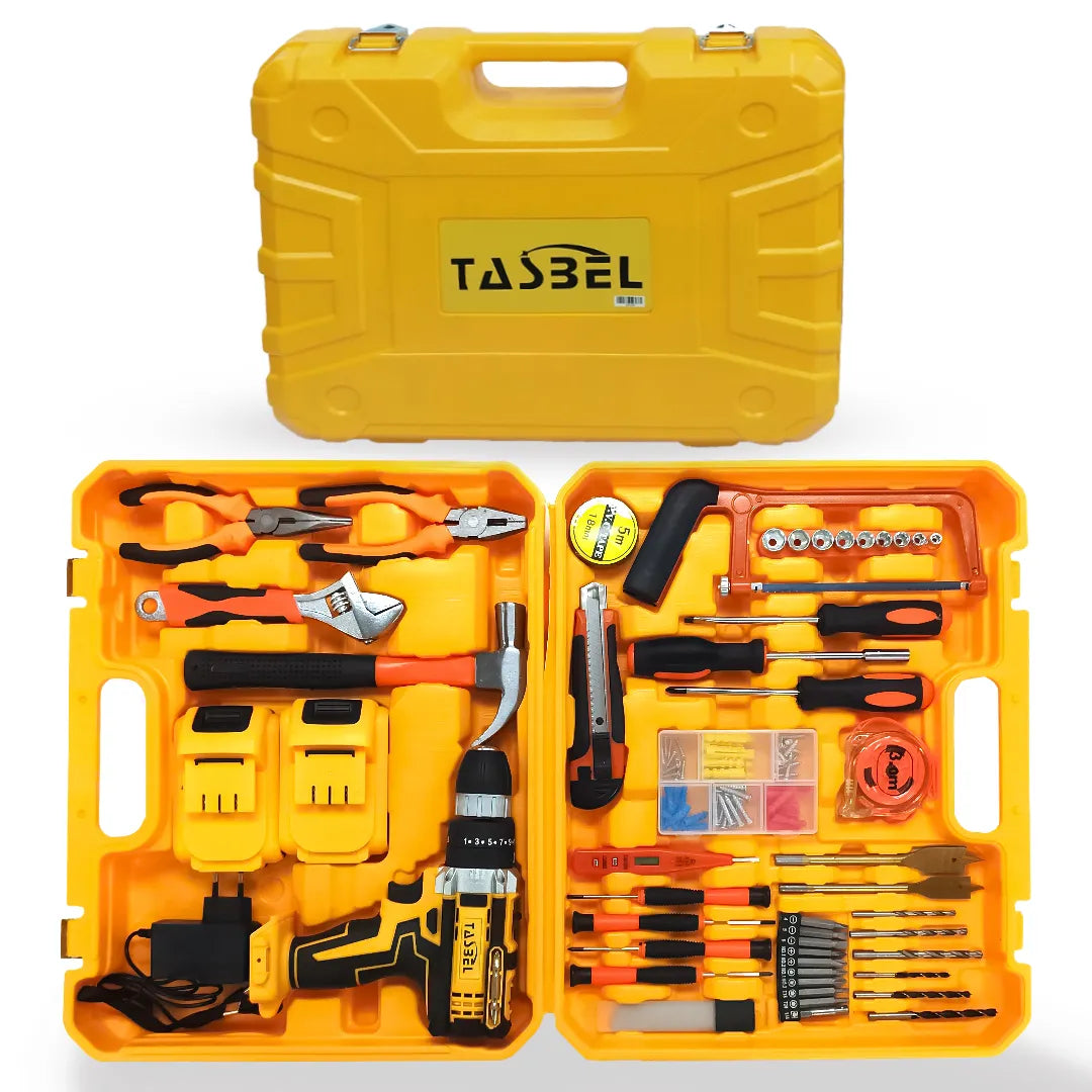 SET TALADRO INALÁMBRICO BATERÍA RECARGABLE TASBEL + SET DE HERRAMIENTAS