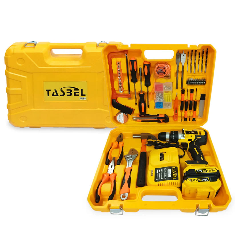 SET TALADRO INALÁMBRICO BATERÍA RECARGABLE TASBEL + SET DE HERRAMIENTAS
