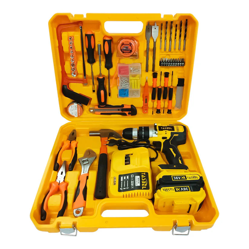 SET TALADRO INALÁMBRICO BATERÍA RECARGABLE TASBEL + SET DE HERRAMIENTAS