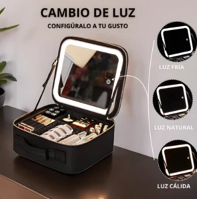 Estuche Organizador De Maquillajes Con Espejo Led