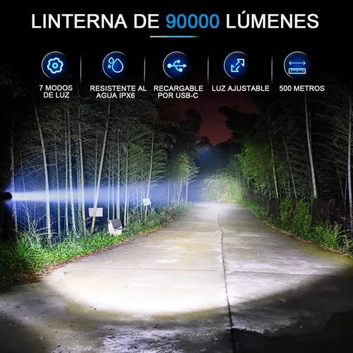 Linterna Táctica Led Brillante De 12000 Lm Recargable Tipo-c