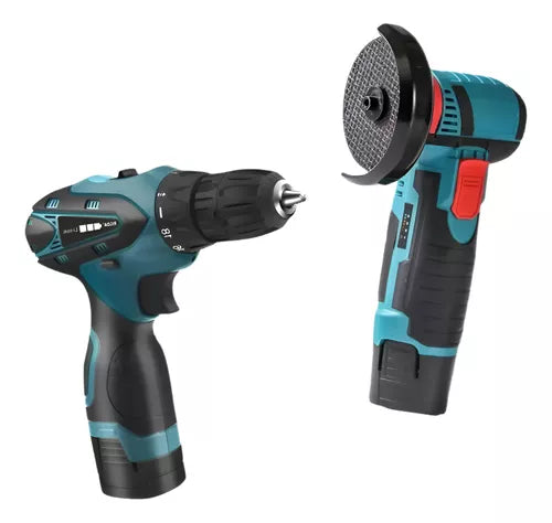 KIT MINI ESMERIL AMOLADORA + TALADRO INALAMBRICO 2 BATERIA