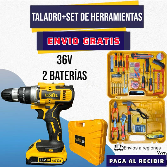 SET TALADRO INALÁMBRICO BATERÍA RECARGABLE TASBEL + SET DE HERRAMIENTAS