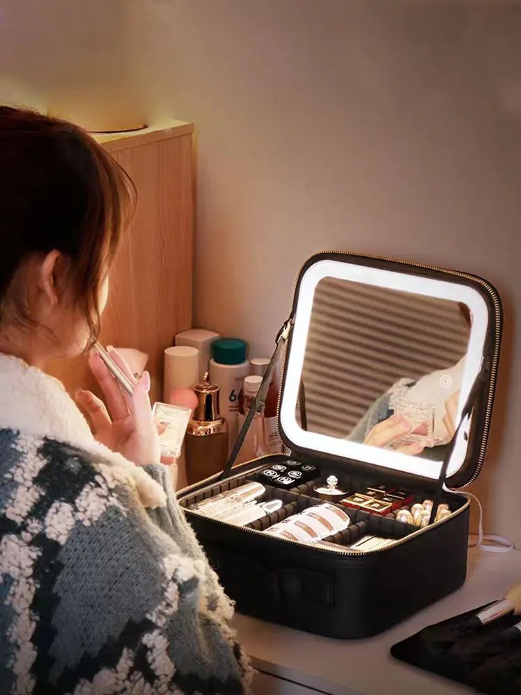Estuche Organizador De Maquillajes Con Espejo Led
