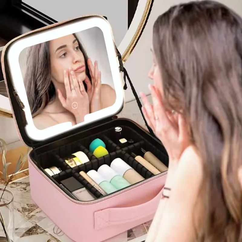 Estuche Organizador De Maquillajes Con Espejo Led