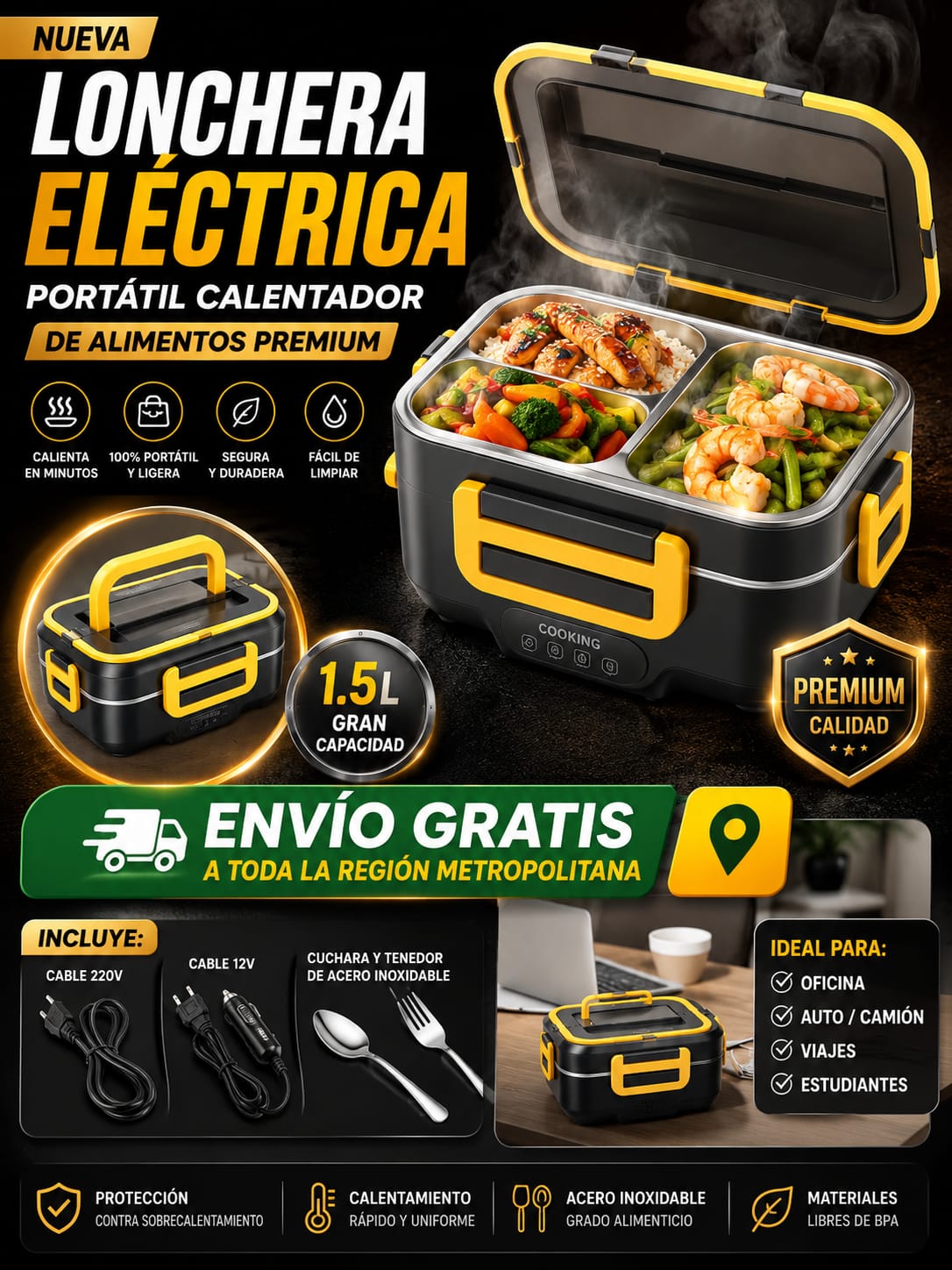 LONCHERA ELECTRICA ALUMINIO TERMICA CALENTADOR PORTATIL