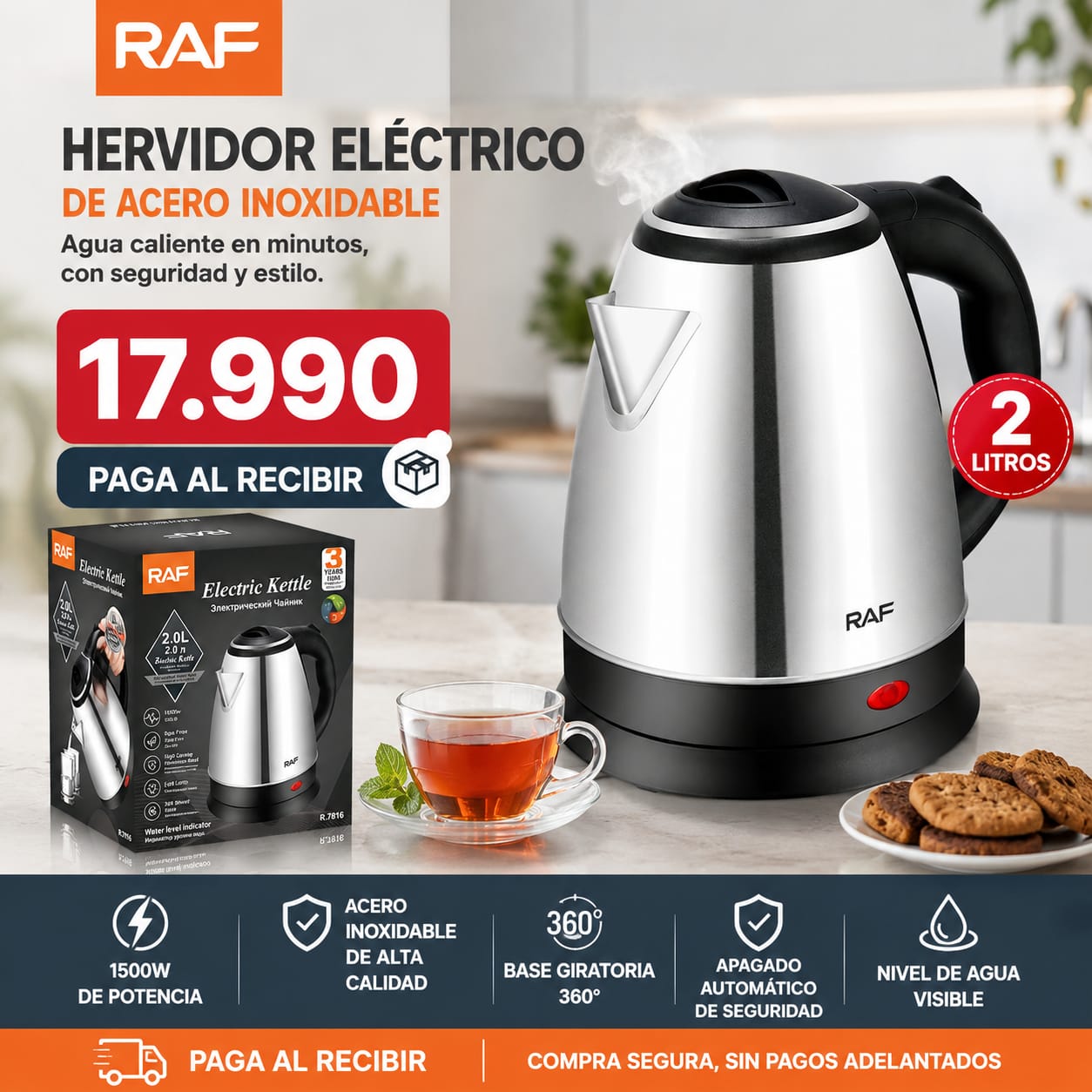 Hervidor Eléctrico de Acero inoxidable de 2 Litros